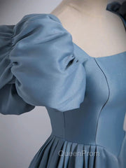 A-Line Satin Blue Long Evening Prom Dresses, Blue Long Evening Dresses