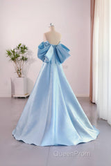 A-Line Satin Blue Long Evening Prom Dresses With Bow