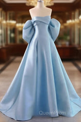 A-Line Satin Blue Long Evening Prom Dresses With Bow
