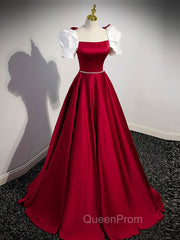 A-Line Satin Burgundy Long Evening Prom Dresses, Puffy Sleeve Evening Dresses