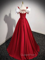 A-Line Satin Burgundy Long Evening Prom Dresses, Puffy Sleeve Evening Dresses