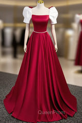 A-Line Satin Burgundy Long Evening Prom Dresses, Puffy Sleeve Evening Dresses