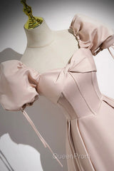 A-Line Satin Floor Length Pink Corset Evening Prom Dresses, Off the Shoulder Evening Dresses