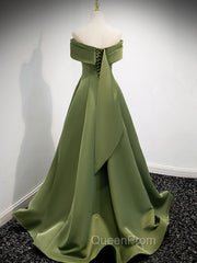 A-Line Satin Green Long Evening Prom Dresses, Green Evening Dresses