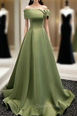 A-Line Satin Green Long Evening Prom Dresses, Green Evening Dresses