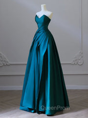 A-Line Satin Green Long Evening Prom Dresses, Green Satin Long Evening Dresses