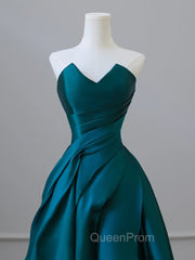A-Line Satin Green Long Evening Prom Dresses, Green Satin Long Evening Dresses
