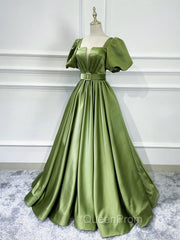 A line Satin Long Green Evening Prom Dresses, Green Evening Graduation Dresses
