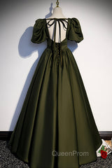 A-Line Satin Long Evening Prom Dresses, Dark Green Short Sleeve Evening Graduation Dresses