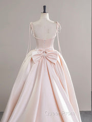 A-Line Satin Pink Champagne Long Evening Prom Dresses, Pink Champagne Long Formal Dresses
