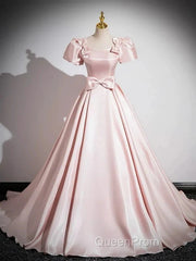 A-Line Satin Pink Quinceanera Dresses Long Evening Prom Dresses With Bows Short Sleeves