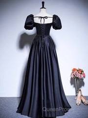 A-Line Satin Puff Sleeves Black Long Evening Prom Dresses, Black Long Evening Dresses