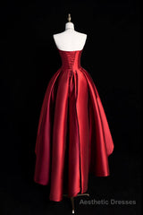 A-Line Satin Short Prom Dress, Burgundy Strapless High Low Party Dress