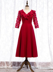 A-Line Satin V-neck Short Sleeve Flower Prom Dress