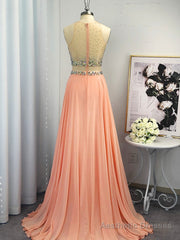 A-line Scoop Beading Sweep Train Chiffon Dress