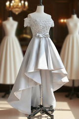 A-Line Scoop Neckline Lace Gray Evening Prom Dresses, High Low Style Satin Evening Dresses