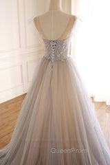 A-Line Scoop Neckline Tulle Long Evening Prom Dresses with Beaded, Evening Party Dresses