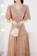 A line Sequin Gold Party Dress Long Prom Dress