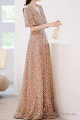 A line Sequin Gold Party Dress Long Prom Dress