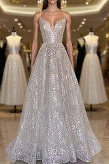 A line sequin long Evening Prom Dresses, Champagne sequin evening Dresses