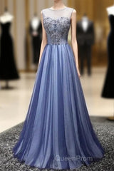 A Line Sheer Neck Rhinestones Long Tulle Evening Prom Dresses Floor Length Beautiful