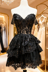 A-Line Short Black Evening Prom Dresses Sheer Corset Bodice Homecoming Dresses