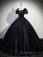 A-Line Short Sleeve Black Satin Long Evening Prom Dresses, Black Long Formal Dresses