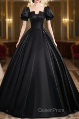 A-Line Short Sleeve Black Satin Long Evening Prom Dresses, Black Long Formal Dresses