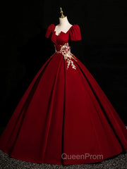 A-Line Short Sleeve Satin Lace Applique Burgundy Long Evening Prom Dresses