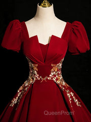 A-Line Short Sleeve Satin Lace Applique Burgundy Long Evening Prom Dresses