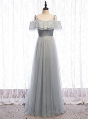 A-Line Silver Gray Tulle Sequins Spaghetti Straps Prom Dress