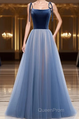A Line Sleeveless Floor Length Blue Evening Prom Dresses, Blue Long Formal Bridesmaid Evening Dresses