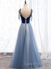 A Line Sleeveless Floor Length Blue Evening Prom Dresses, Blue Long Formal Bridesmaid Evening Dresses