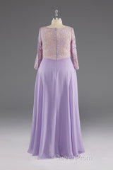 Lilac A-Line 3/4 Sleeves Scoop Lace Evening Prom Dresses