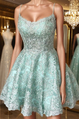 A-Line Spaghetti Straps Backless Mint Green Lace Short Evening Prom Dresses, Backless Mint Green Lace Formal Graduation Homecoming Dresses