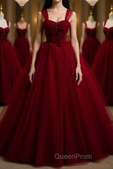 A Line Spaghetti Straps Beaded Burgundy Tulle Long Evening Prom Dresses, Long Burgundy Formal Evening Dresses