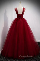 A Line Spaghetti Straps Beaded Burgundy Tulle Long Evening Prom Dresses, Long Burgundy Formal Evening Dresses