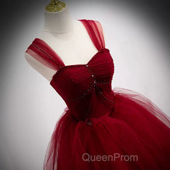 A Line Spaghetti Straps Beaded Burgundy Tulle Long Evening Prom Dresses, Long Burgundy Formal Evening Dresses
