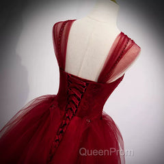 A Line Spaghetti Straps Beaded Burgundy Tulle Long Evening Prom Dresses, Long Burgundy Formal Evening Dresses