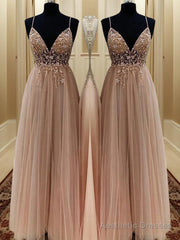 A-line Spaghetti Straps Beading Floor-Length Tulle Dress