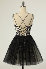 A Line Spaghetti Straps Black Homecoming Dresses Short Evening Prom Dresses with Appliques