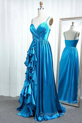 A Line Spaghetti Straps Satin Evening Prom Dresses With Slit And Flounced