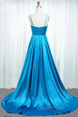 A Line Spaghetti Straps Satin Evening Prom Dresses With Slit And Flounced