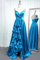 A Line Spaghetti Straps Satin Evening Prom Dresses With Slit And Flounced