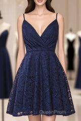 A-Line Spaghetti Straps Short Lace Homecoming Dresses