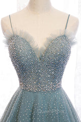 A-Line Spaghetti Straps Tulle Beaded Long Evening Prom Dresses, Cute Evening Party Dresses