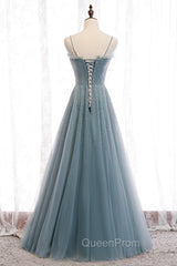 A-Line Spaghetti Straps Tulle Beaded Long Evening Prom Dresses, Cute Evening Party Dresses