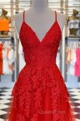 A Line Spaghetti Straps V Neck Red Lace Long Evening Prom Dresses, Red Lace Formal Dresses, Red Evening Dresses
