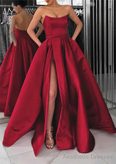 A-line Square Neckline Long/Floor-Length Satin Prom Dresses With Pockets Split