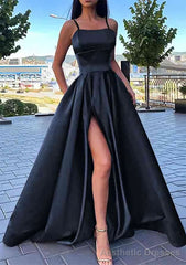 A-line Square Neckline Spaghetti Straps Long/Floor-Length Satin Prom Dresses With Split Pockets